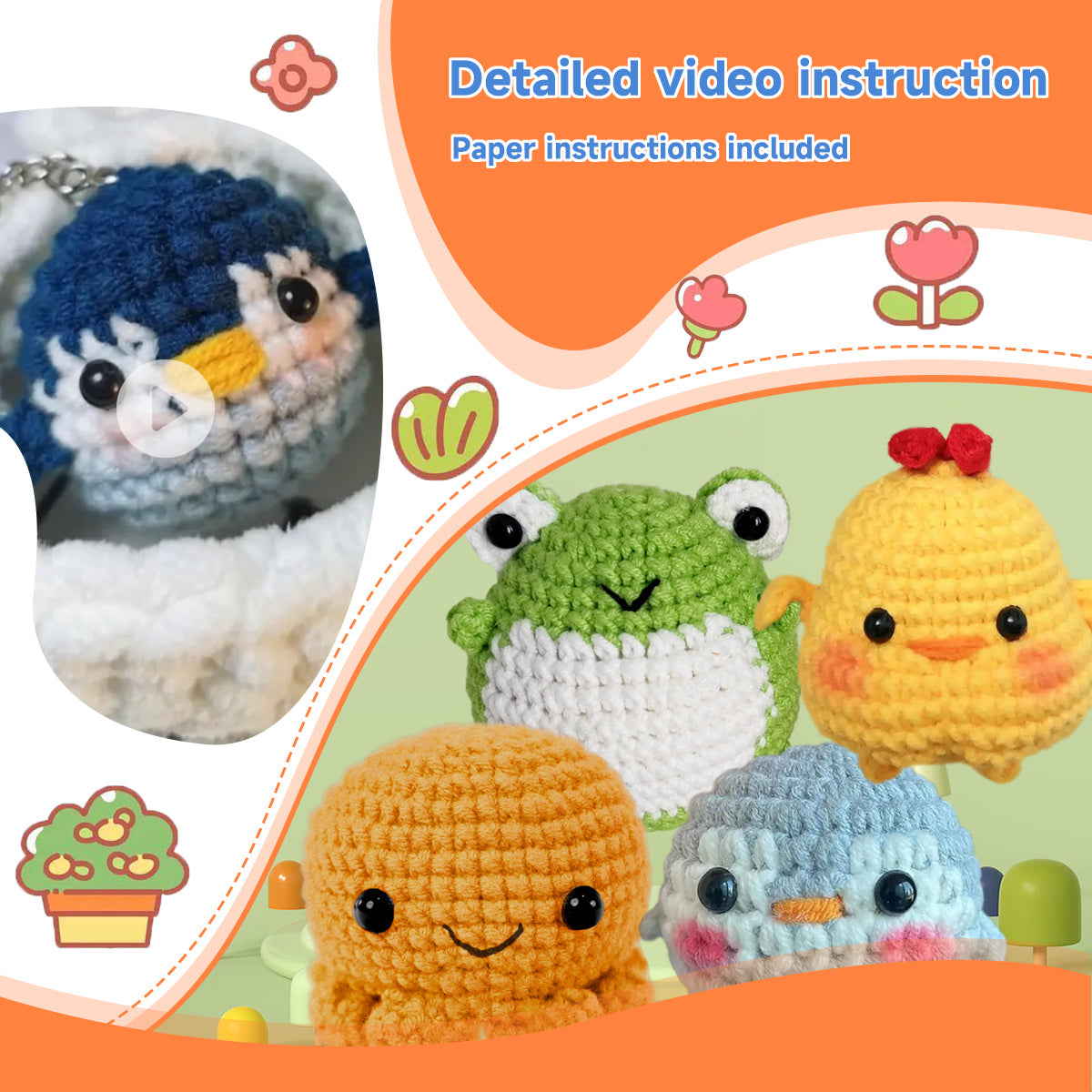 Crochet Kit for Beginners,4 PCS Animals Crochet Kit with Step-by-Step Video  Tutorials, DIY Crochet Kit for Beginners Includes Yarns, Eyes, Stuffing