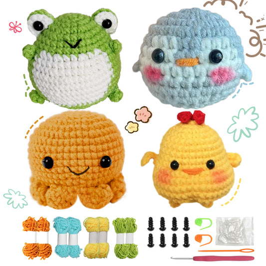 4PCS DIY Animal Crochet Kit with Step-by-Step Video Tutorials for Beginner